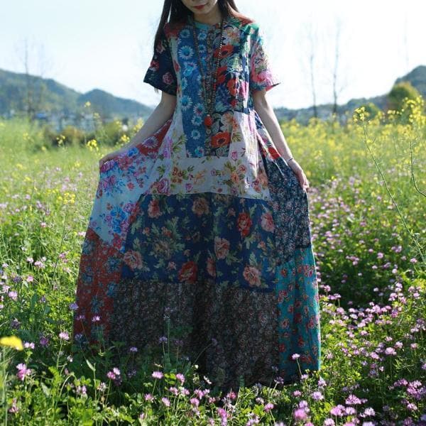 Robe hippie multicolore à patchwork aléatoire