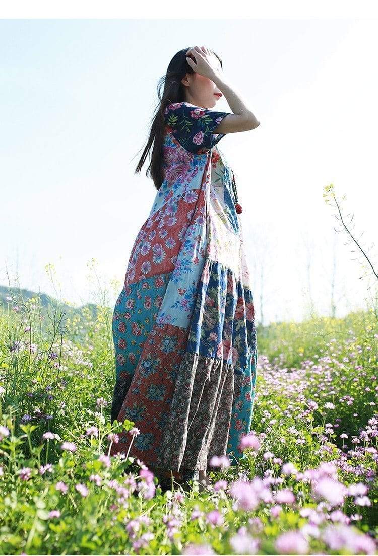 Robe hippie multicolore à patchwork aléatoire