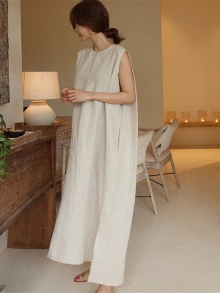 Robe en coton et lin asymétrique naturelle | Zen