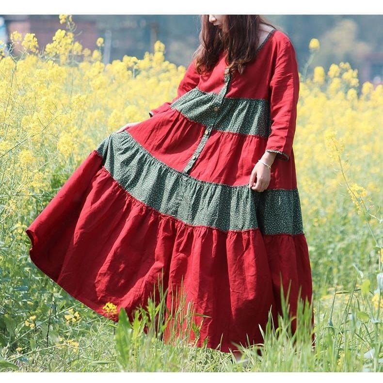 Robe Hippie Bohème Franfreluche Rouge et Verte