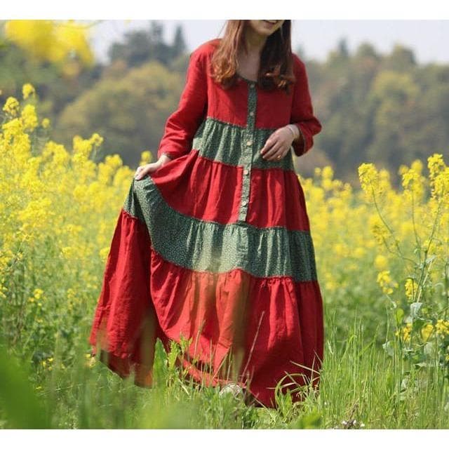 Robe Hippie Bohème Franfreluche Rouge et Verte