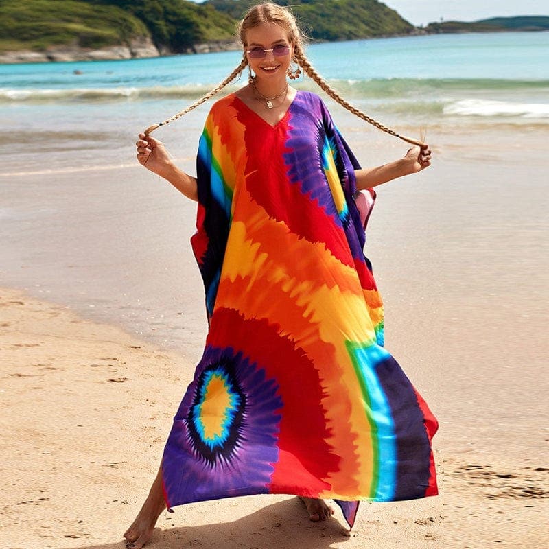 Maxi-Kaftankleid mit Batikmuster und Regenbogenmuster