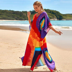 Maxi-Kaftankleid mit Batikmuster und Regenbogenmuster