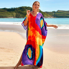 Maxi-Kaftankleid mit Batikmuster und Regenbogenmuster