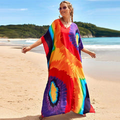 Maxi-Kaftankleid mit Batikmuster und Regenbogenmuster