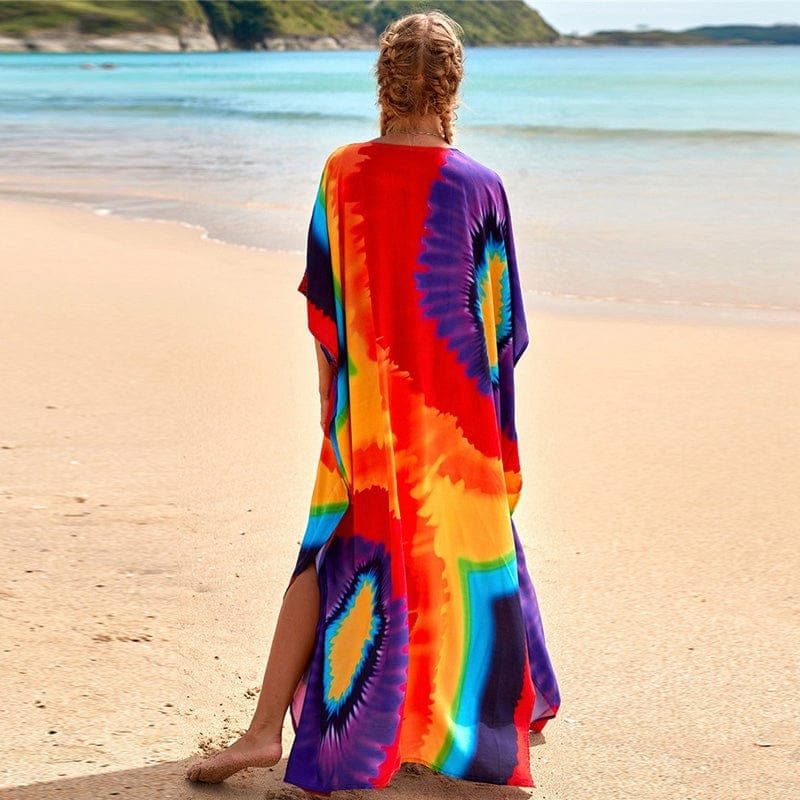 Maxi-Kaftankleid mit Batikmuster und Regenbogenmuster