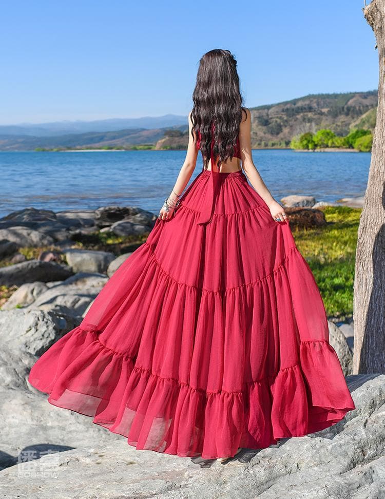 Robe longue bohème en mousseline de soie rouge | Mandala