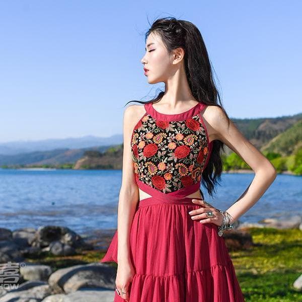 Robe longue bohème en mousseline de soie rouge | Mandala