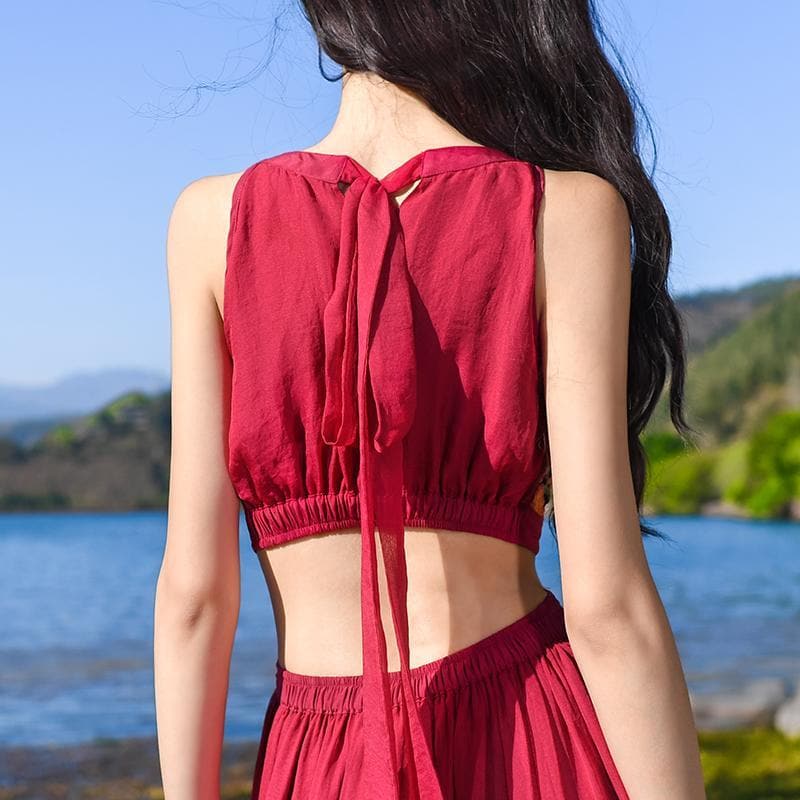 Robe longue bohème en mousseline de soie rouge | Mandala