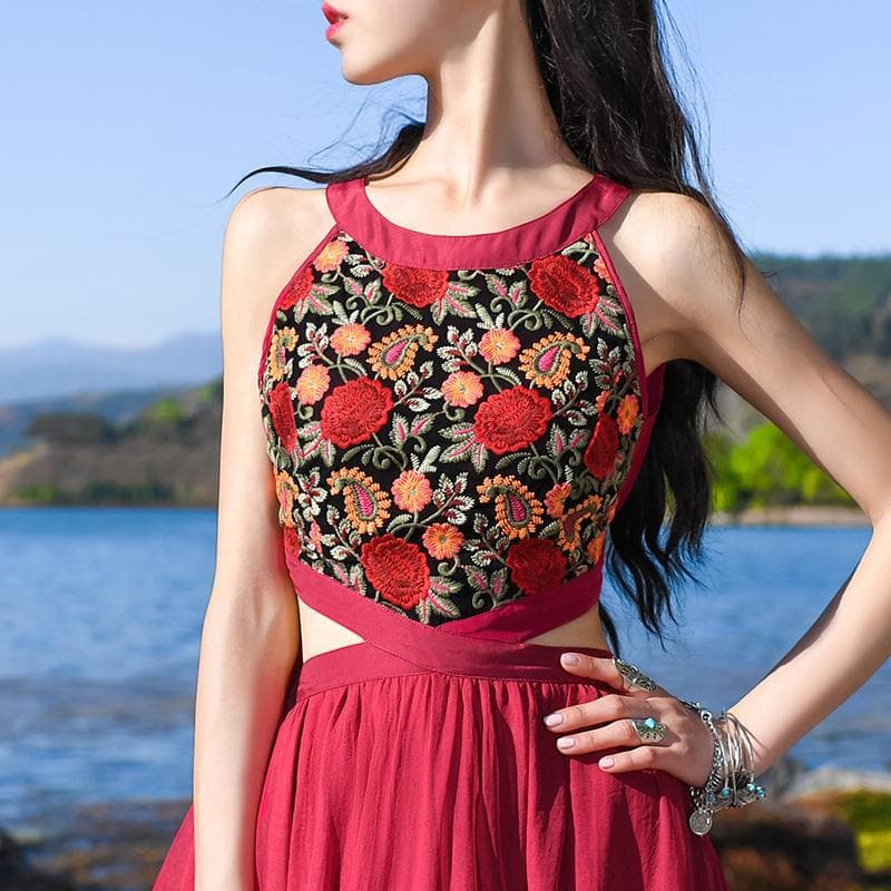 Robe longue bohème en mousseline de soie rouge | Mandala