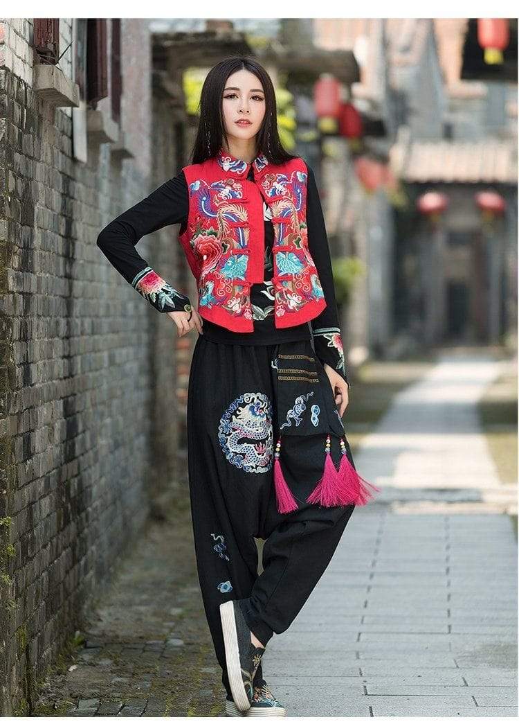 Dragon Embroidered Loose Harem Pants