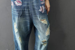 Loose Plus Size Floral Denim Overall