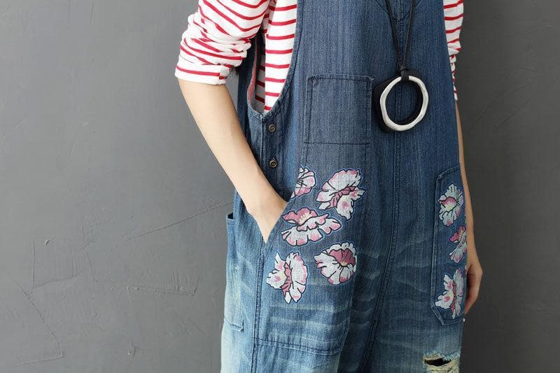 Loose Plus Size Floral Denim Overall