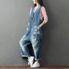 Loose Plus Size Floral Denim Overall