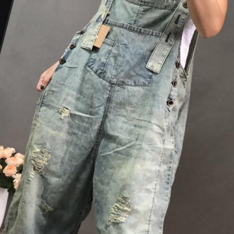 3/4 Length Boyfriend Ripped Denim Overall