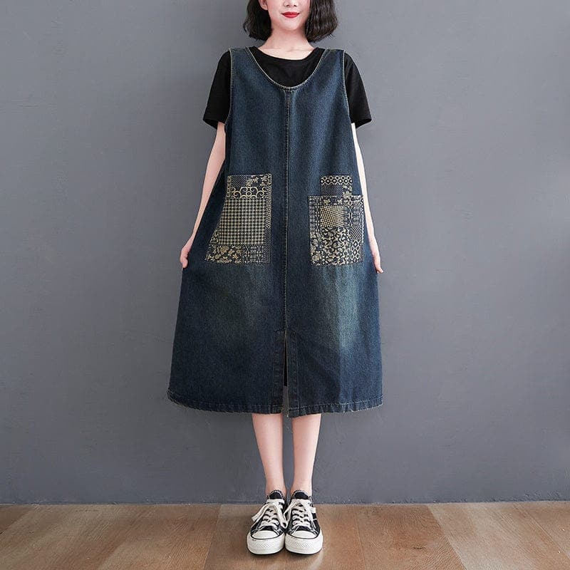 Midi-Latzkleid aus Denim-Patchwork