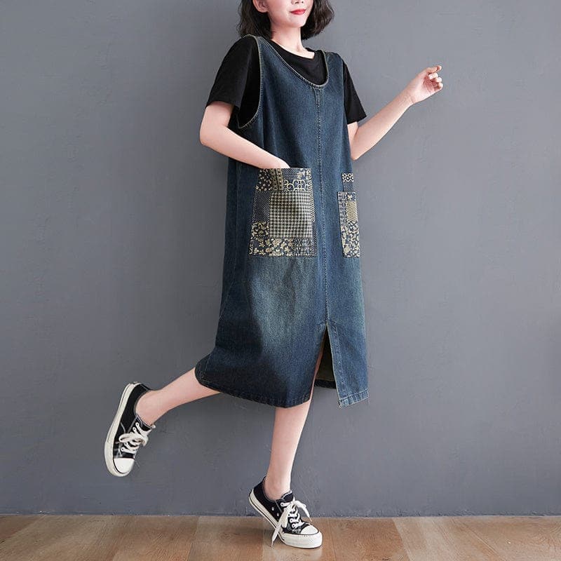 Midi-Latzkleid aus Denim-Patchwork