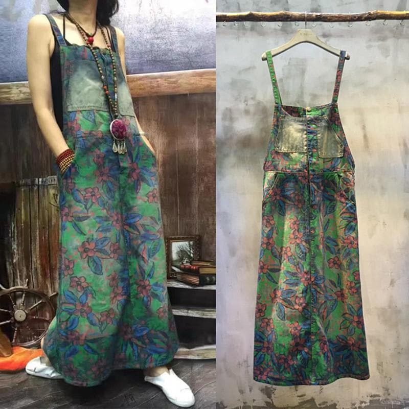 Robe salopette longue en jean à imprimé floral