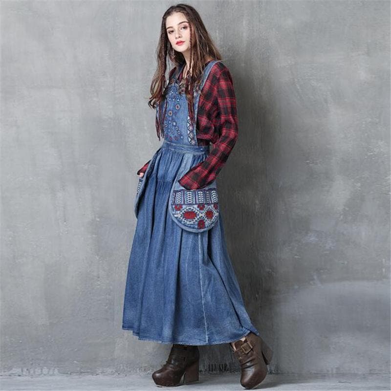 Robe salopette longue en jean avec grandes poches