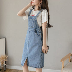 Robe salopette en jean longueur genou preppy