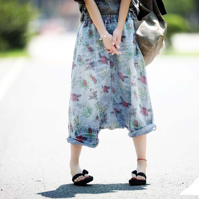 3/4 Length Floral Denim Harem Pants