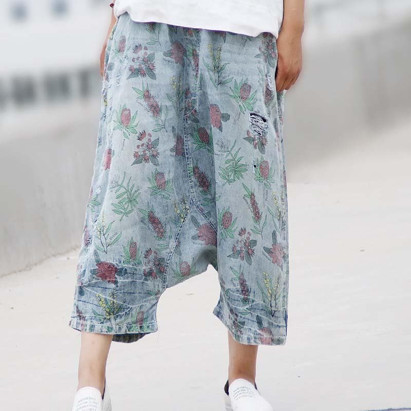 3/4 Length Floral Denim Harem Pants