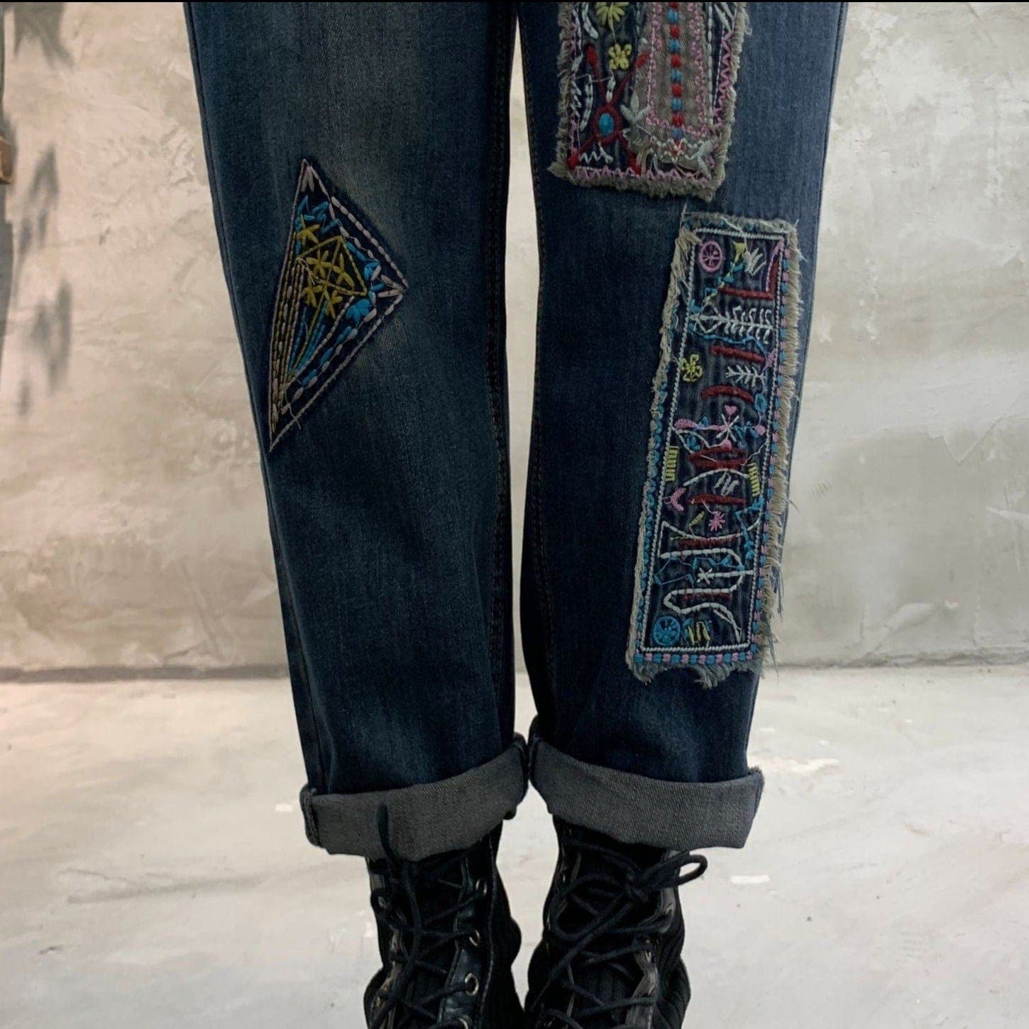 Patchwork Embroidered Loose Hipster Jeans