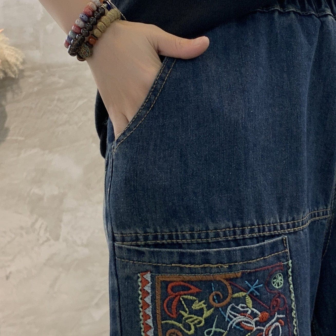 Patchwork Embroidered Loose Hipster Jeans