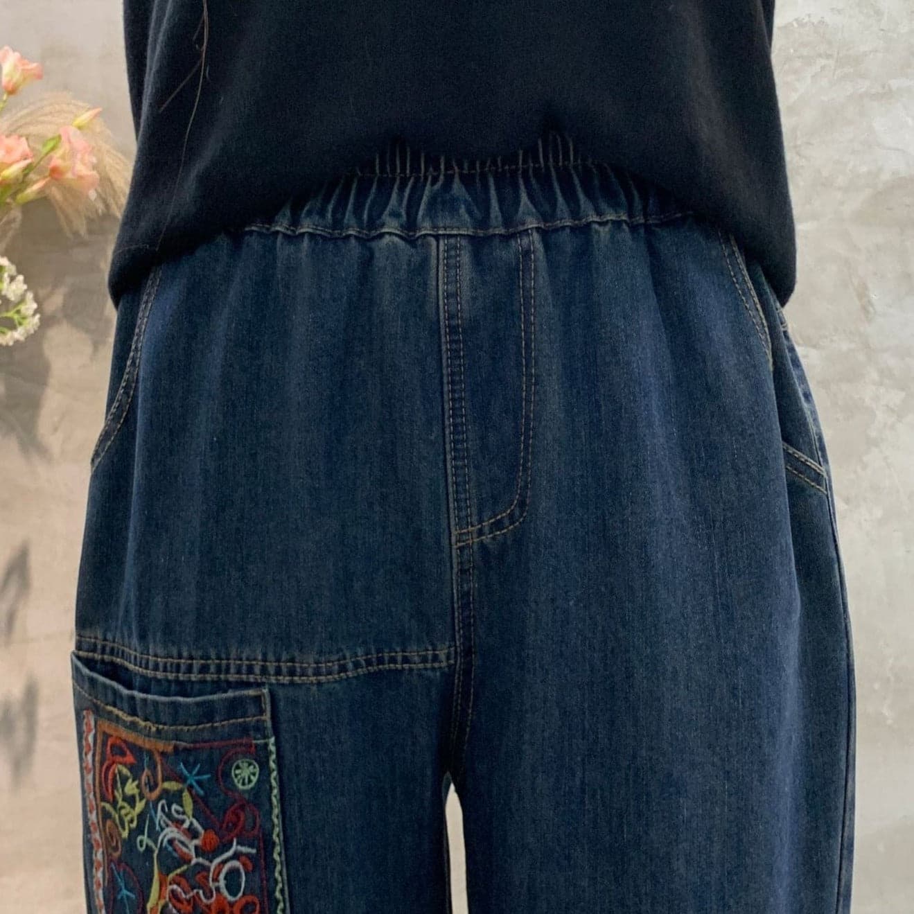 Patchwork Embroidered Loose Hipster Jeans