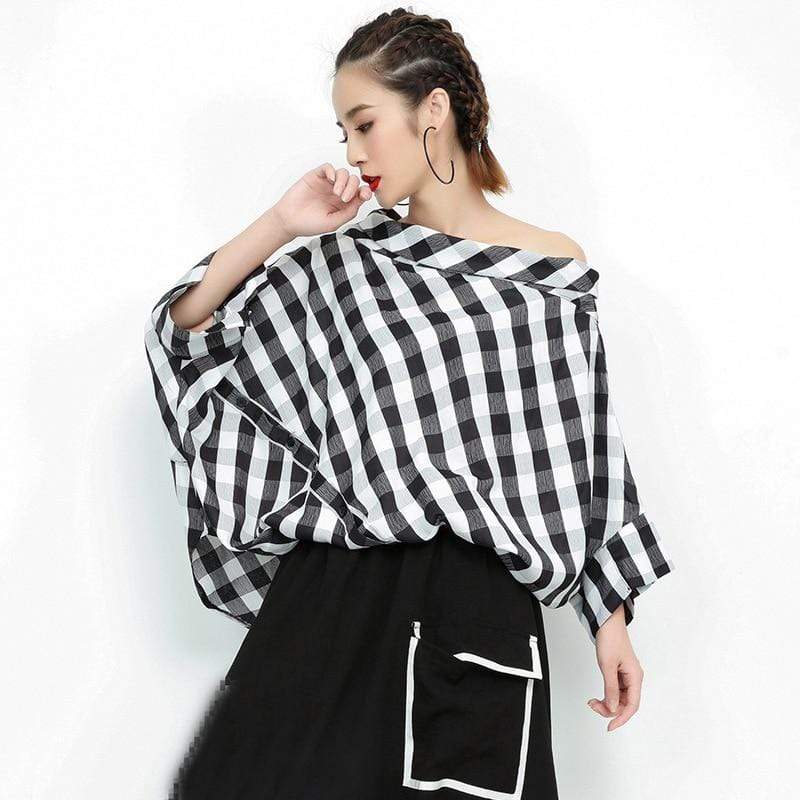 Black & White Plaid Slash Neck Top | Millennials