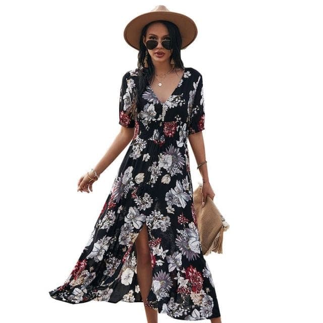 Robe mi-longue fendue à imprimé floral style bohème Mira