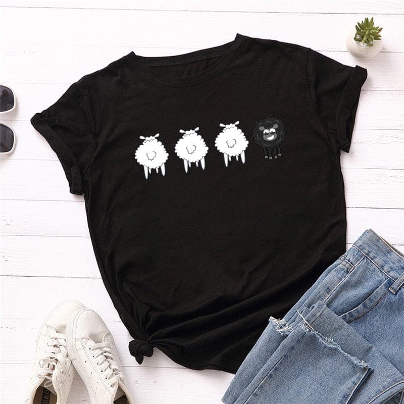 Black Sheep Cartoon O-Neck T-Shirt