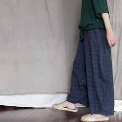 Blue Plaid Cotton Linen Pants | Lotus