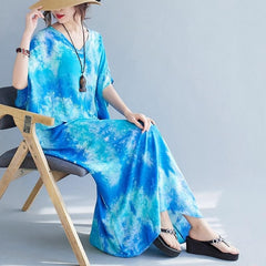 Blue Tie-Dye Floral Kaftan Dress