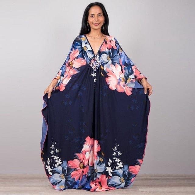 Robe caftan fleurie bleu marine et rose Melody