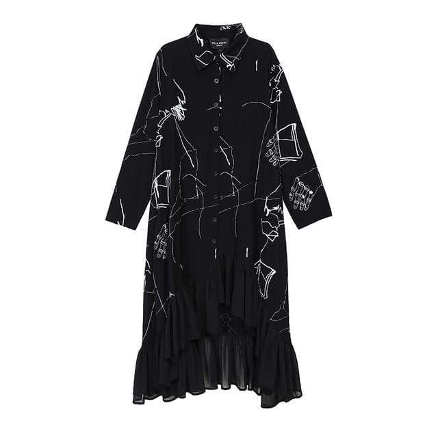 Robe chemise à volants noire et blanche abstraite | Millennials