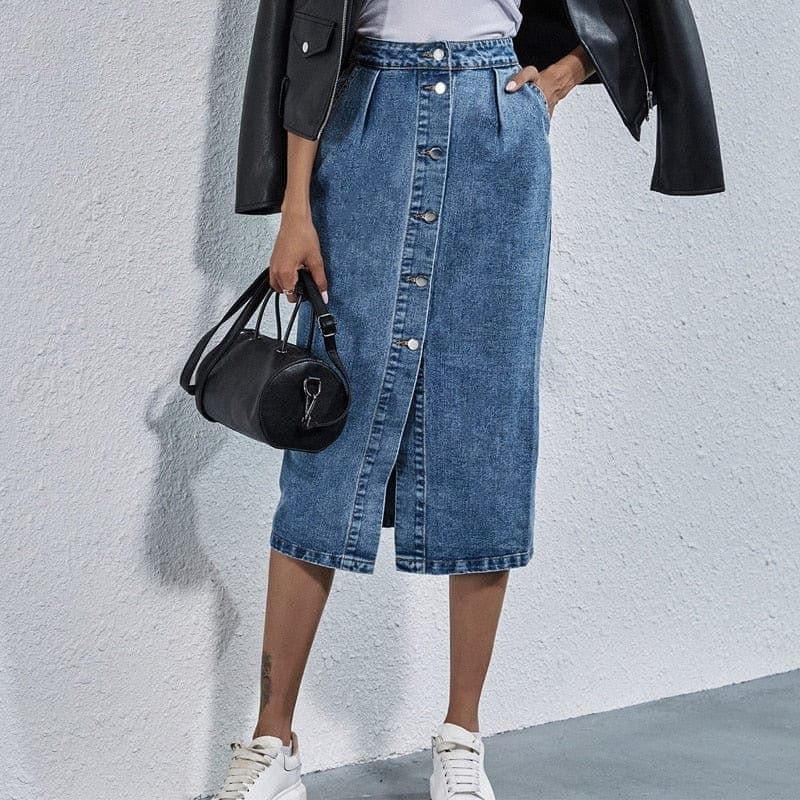 Button Front High Waist Denim Skirt