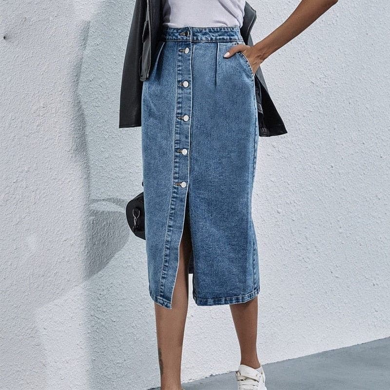 Button Front High Waist Denim Skirt