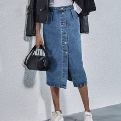 Button Front High Waist Denim Skirt