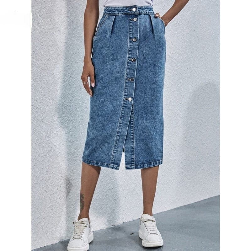 Button Front High Waist Denim Skirt