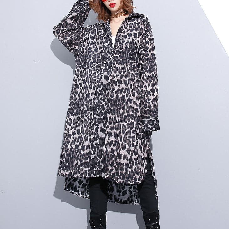 fashion black leopard plus size coat Turn-down Collar baggy coat