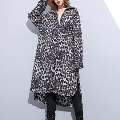 fashion black leopard plus size coat Turn-down Collar baggy coat