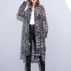 fashion black leopard plus size coat Turn-down Collar baggy coat