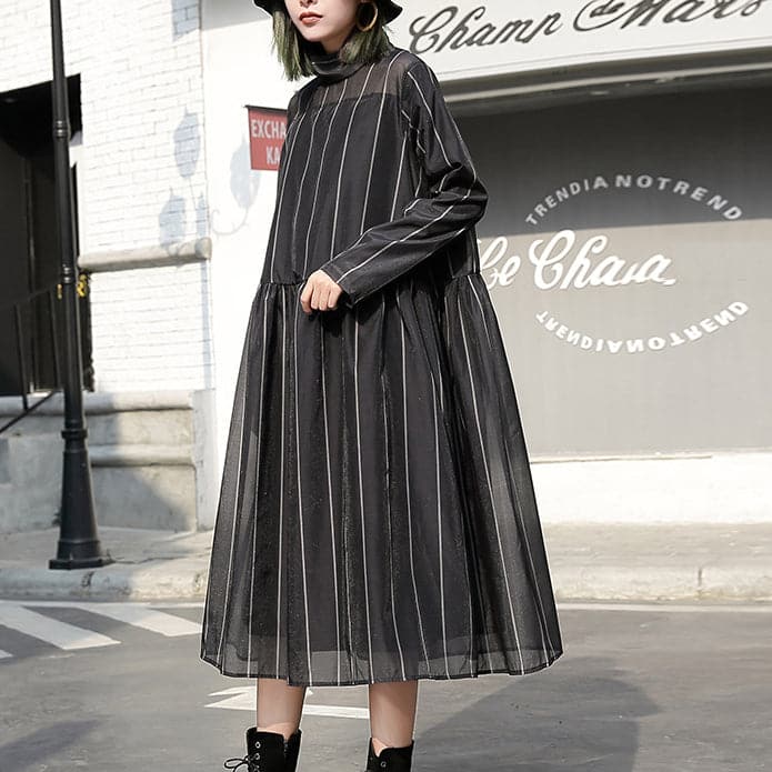 fashion black long tulle dress plus size striped cotton caftans New stand collar maxi dresses