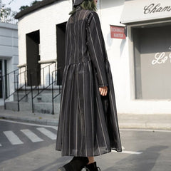 fashion black long tulle dress plus size striped cotton caftans New stand collar maxi dresses