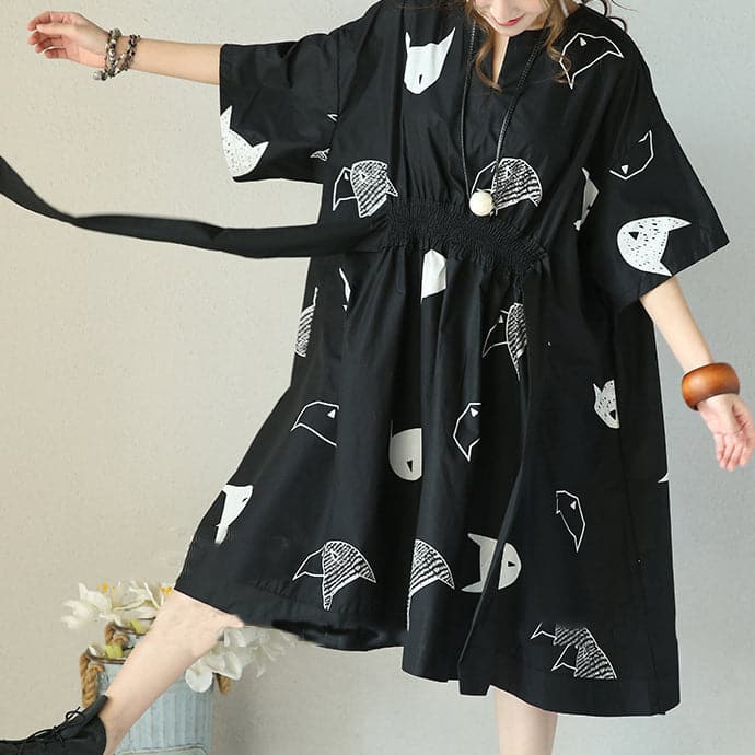 fashion black natural cotton dress plus size clothing tie waist Cinched traveling clothing women v neck cotton caftans