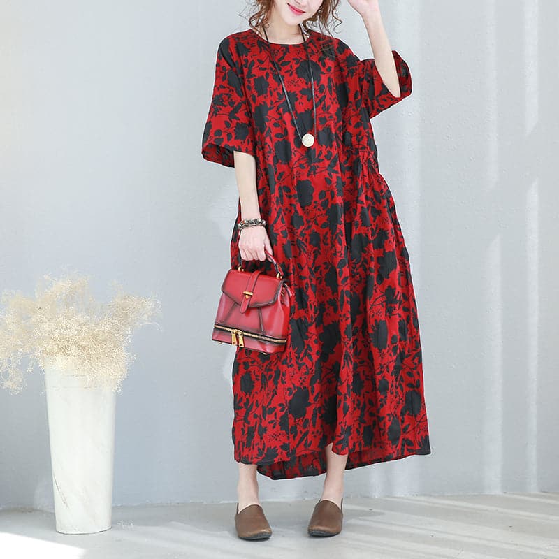 Robes longues en coton à imprimés rouges à la mode Caftans amples à nouer dans le dos Nouveaux caftans à col rond