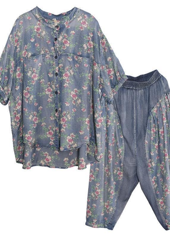 nouveaux hauts amples et cintrés à fleurs en denim deux pièces