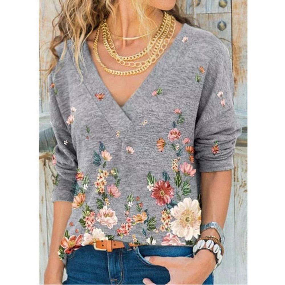 T-shirt ample décontracté à manches longues et col en V pour femme avec imprimé floral