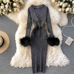 Women Shining Knitted Hollow Out V-neck Halter Bodycon Party Dress